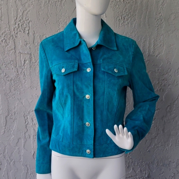 Yvonne Marie Womens Jacket Turquoise Leather Suede Rhinestone Buttons Lined